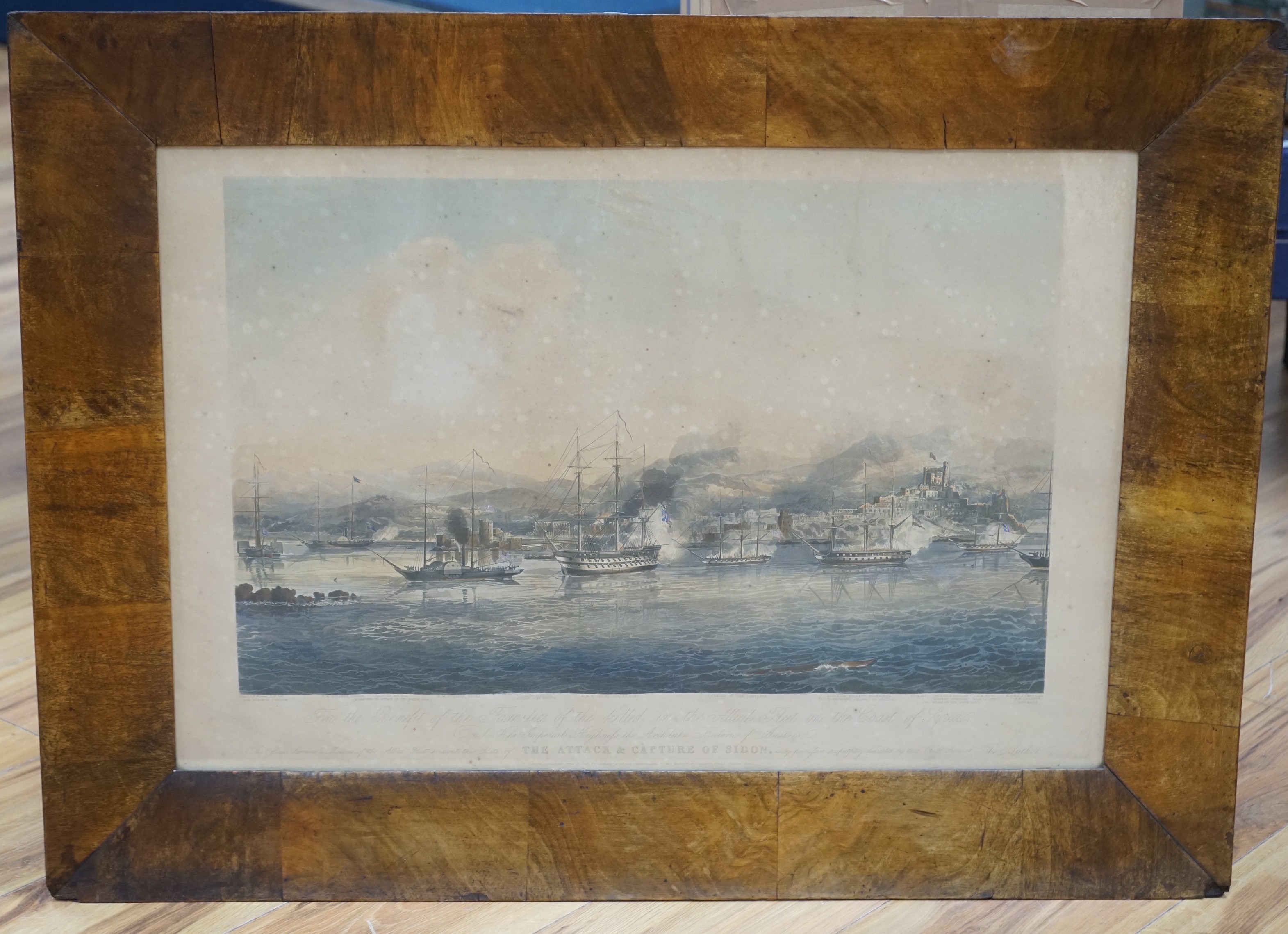 Lieutenant J.F. Warre, coloured aquatint, 'The Attack and Capture of Sidon', overall 45 x 66cm